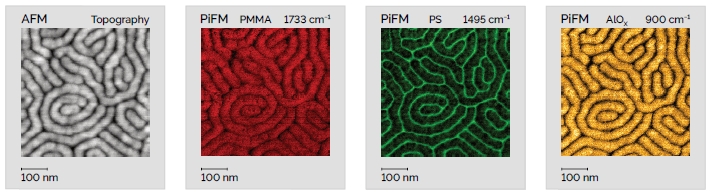 Both organic and inorganic samples can be analyzed equally well using PiFM and PiF-IR. Here, a PS-b-PMMA block copolymer has undergone sequential infiltration synthesis to produce aluminum oxides in the PMMA block. The sample was exposed to a vapor of trimethyl aluminum, which should only react with carbonyl groups in the PMMA. Subsequent exposure to water vapor converts the trimethyl aluminum into aluminum oxide. PiFM analysis after this process confirms the block-selective infiltration by the presence of a new broad peak from 800 to 1100 cm−1 (not shown). A PiFM image taken at 900 cm−1 (yellow image) highlights the infiltrating alumina in the PMMA blocks, demonstrating the exceptional resolution of PiFM chemical mapping even on inorganic samples. Scan dimensions: 500 nm × 500 nm × 5.5 nm.