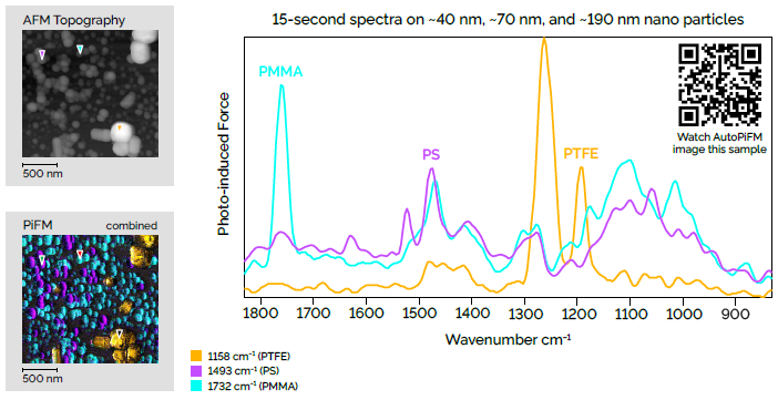 This is a reference sample with different types of nanoparticles. Each of the PiF-IR spectra taken at the markers on the AFM topography image correlate very well with FTIR reference spectra allowing one to identify the materials as polystyrene (PS), poly methyl methacrylate (PMMA), and polytetrafluoroethylene (PTFE). With nanoparticles ranging in size from about 40 nm up to about 200 nm, this demonstrates how PiFM and PiF-IR can work together for nano defect analysis. Scan dimensions: 2 µm × 2 µm × 280 nm