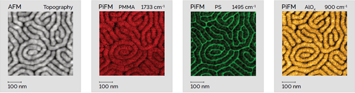 Both organic and inorganic samples can be analyzed equally well using PiFM and PiF-IR. Here, a PS-b-PMMA block copolymer has undergone sequential infiltration synthesis to produce aluminum oxides in the PMMA block. The sample was exposed to a vapor of trimethyl aluminum, which should only react with carbonyl groups in the PMMA. Subsequent exposure to water vapor converts the trimethyl aluminum into aluminum oxide. PiFM analysis after this process confirms the block-selective infiltration by the presence of a new broad peak from 800 to 1100 cm−1 (not shown). A PiFM image taken at 900 cm−1 (yellow image) highlights the infiltrating alumina in the PMMA blocks, demonstrating the exceptional resolution of PiFM chemical mapping even on inorganic samples. Scan dimensions: 500 nm × 500 nm × 5.5 nm