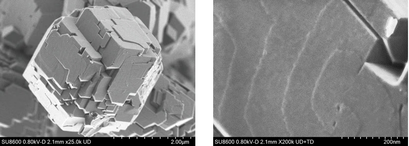 Left: RHO-type Zeolite particle at low-kV. In order to reveal the fine steps structure on the surface, the image was acquired at 0.8 kV of landing voltage. This allows the very fine structure of surface steps to be clearly visible (image on right).