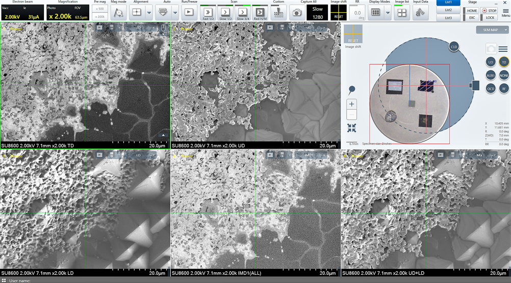 1, 2, 4, or 6 signals, including the chamber scope(*) or SEM MAP, can be displayed simultaneously on a single monitor. By adding a second screen, the dual-monitor configuration supports enhanced productivity plus expanded workspace and allows the operation panel to be customized with submenus positioned anywhere on either screen.