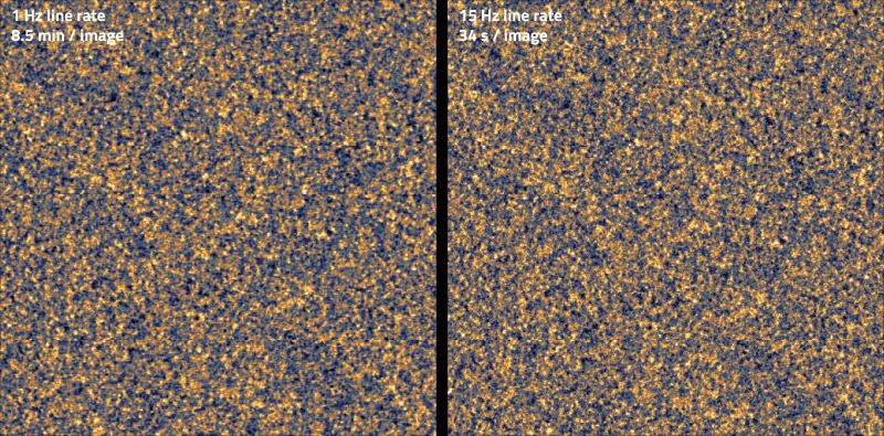 Comparison of silicon wafer surfaces acquired at the standard 1 Hz line rate and at the 15 Hz line rate achievable with the Alphacen 300 Drive