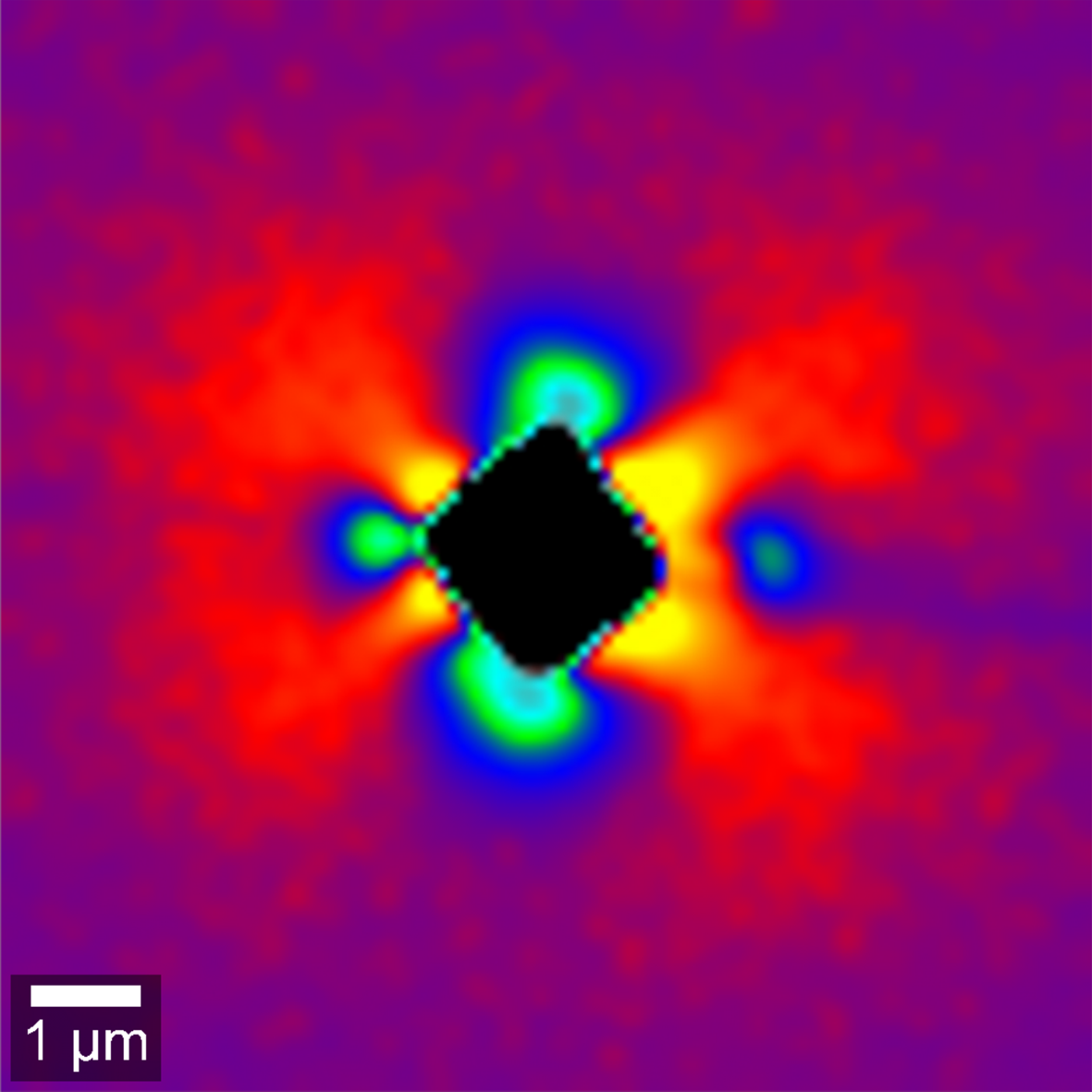 Material stress in silicon imaged via Raman peak-shift analysis. Tensile strain (blue) and compressive strain (yellow).