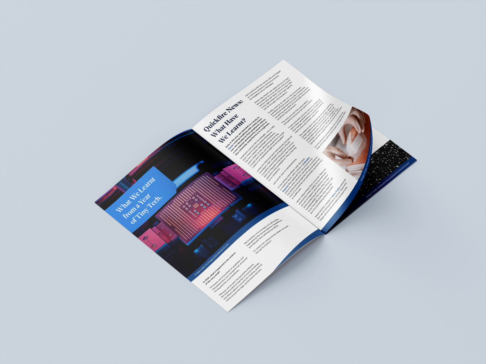 An open magazine to a double page spread saying "what we learnt from a year of tiny tech".