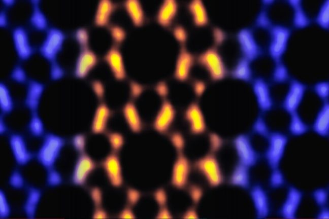 This image shows atomic-scale details from transmission electron microscopy that reveals the porous structure of an MFI nanosheet, with MEL intergrown in it