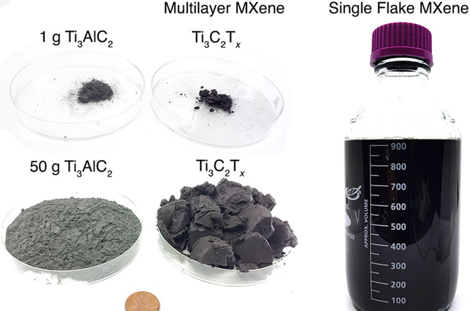 4 containers holding Multilayer MXene and a bottle holding Single Flake MXene