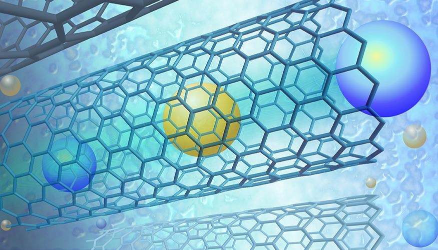 Artistic rendering of fast ion permeation inside single-walled carbon nanotubes.