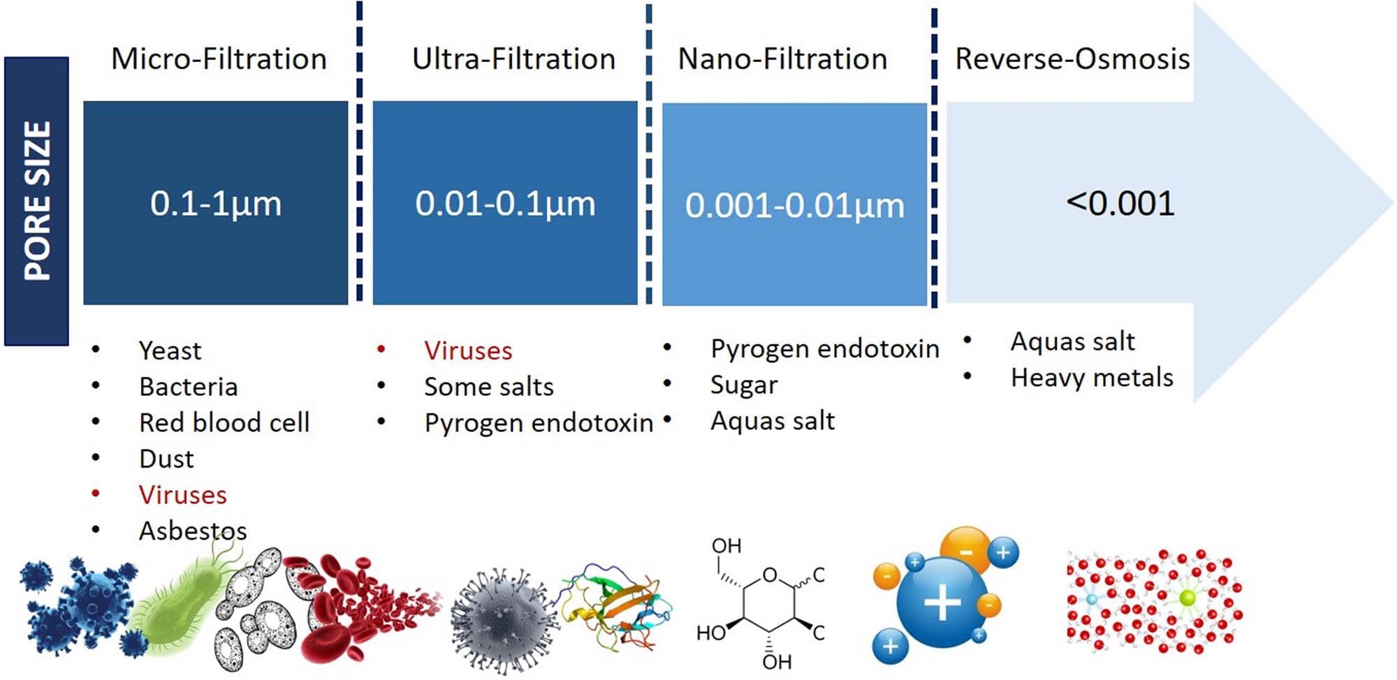 Classification of membrane processes according to pore size and criteria of removal.