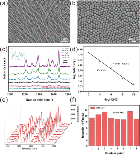 (a, b) FESEM images of SiO2@Ag arrays. (c) SERS spectra of R6G solutions with concentrations ranging from 10–11 to 10–2 M. (d) Logarithm of the SERS intensity of R6G at 1645 cm–1 as a function of the negative logarithm of R6G concentration. (e) Raman spectra of SiO2@Ag arrays and (f) the corresponding peak intensities of eight randomly measured sites at 1645 cm–1.