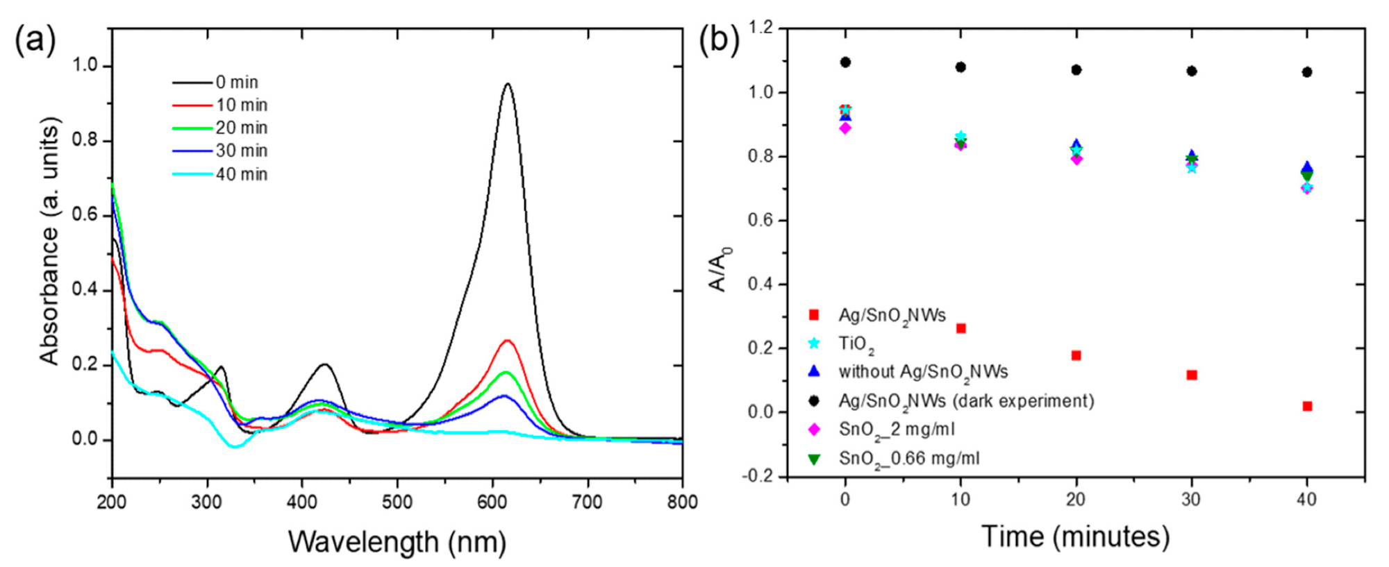 (a) The absorbance spectra of malachite green with Ag/SnO2NWs photocatalyst presence under 450 nm light irradiation. (b) The degradation of malachite green with 2 mg/mL of Ag/SnO2NWs catalyst (¦), with no photocatalyst (?), with 0.66 mg/mL of SnO2NPs (?), 2 mg/mL of SnO2NPs (?), and with 2 mg/mL TiO2 catalyst (?) under 450 nm light irradiation and Ag/SnO2NWs without irradiation (dark experiment, ?).