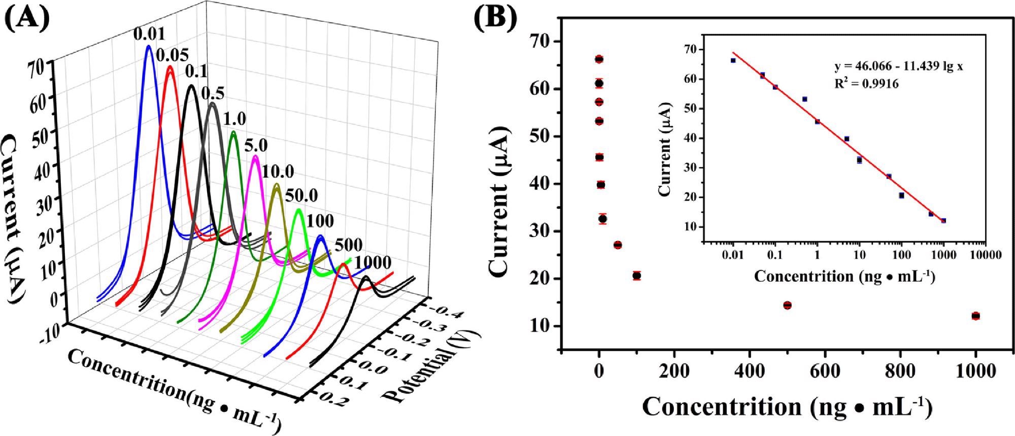 (A) DPV response curve caused by different concentration of S1 protein (n = 3). (B) The relationship between S1 protein concentration and DPV peak current. Inset: Plot of current vs logarithm of S1 protein concentration.