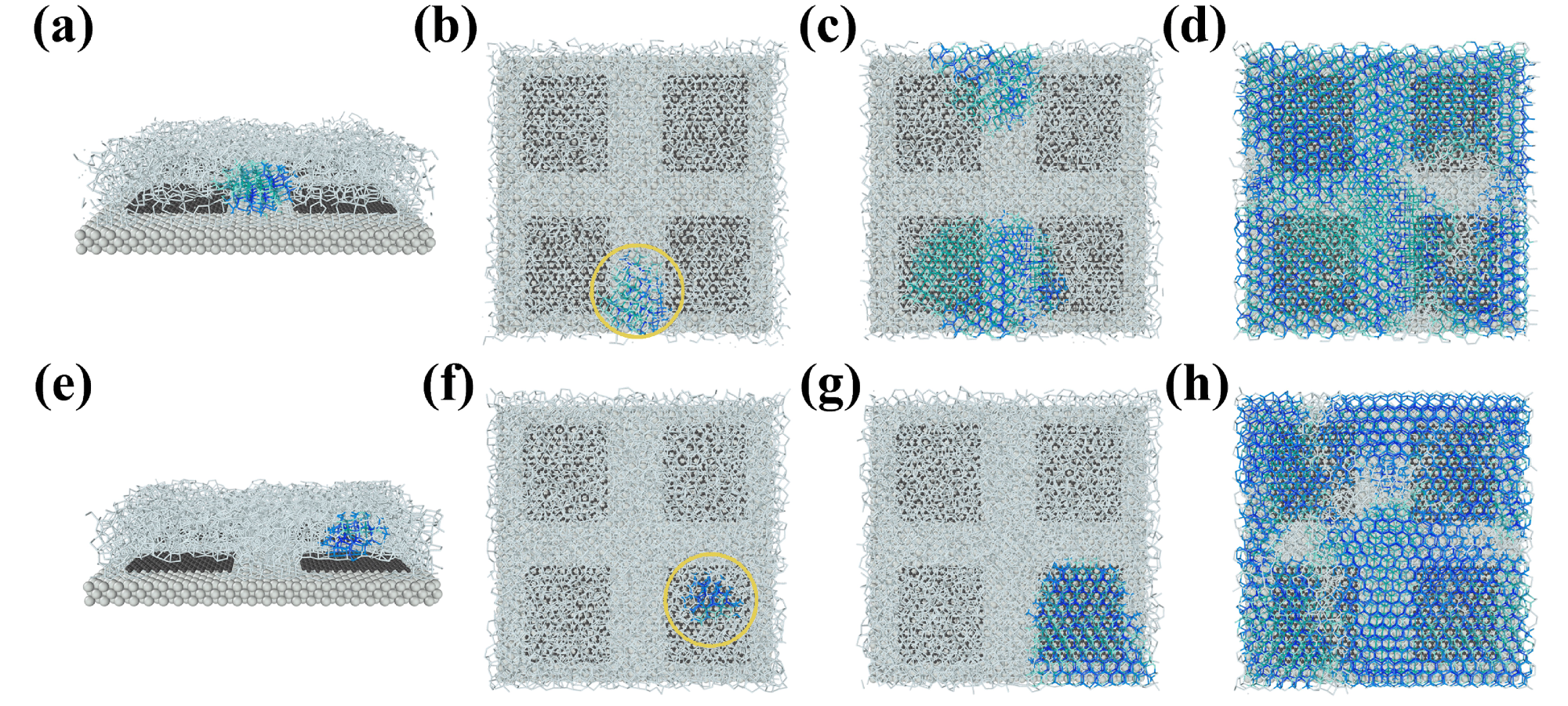 Snapshots of the preferential site of ice nucleation and subsequent growth of ice crystals on a metal–graphene surface. (a) Ice nucleation at the clearance of the surface, ew-m = 4.0 kcal/mol. (b–d) Representative growth trajectories of an ice nucleus that appeared at the clearance, which is indicated by a yellow circle (from the top view). (e) Ice nucleation at the top of the graphene nanosheet, ew-m = 1.0 kcal/mol. (f–h) Representative growth trajectories of an ice nucleus that appeared at the top of the graphene nanosheet. Silver and black spheres represent metal and carbon atoms. White sticks covered on them represent liquid water molecules, and blue and green sticks connect pairs of ice molecules with hexagonal and cubic structure orders, respectively.