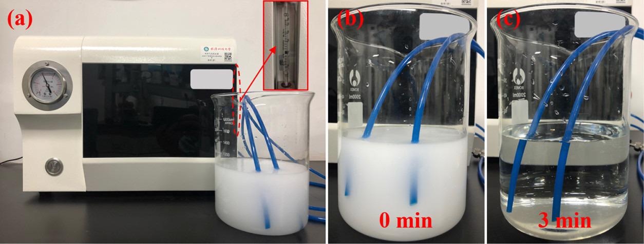 NBs generation system in action (a) and the “milky” solution after standing for 0 (b) and 3 min (c).