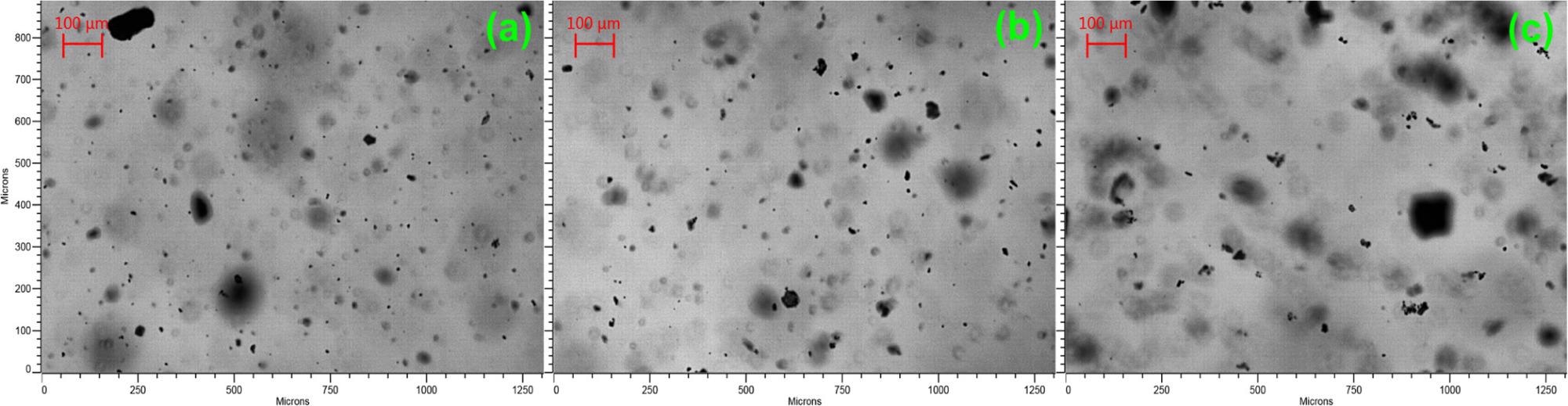 PVM morphology of clean coal particles/flocs in tap water (a), NB water, (b) and PCNB water (c).
