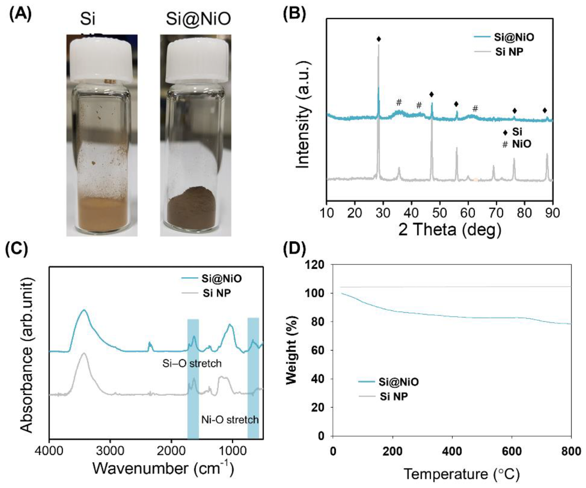 Characterization of Si@NiO nanoflowers. (A) Photographs of Si NP and Si@NiO. (B) PXRD patterns, (C) FT-IR spectra, and (D) TGA curves of Si NP and Si@NiO in air atmosphere.