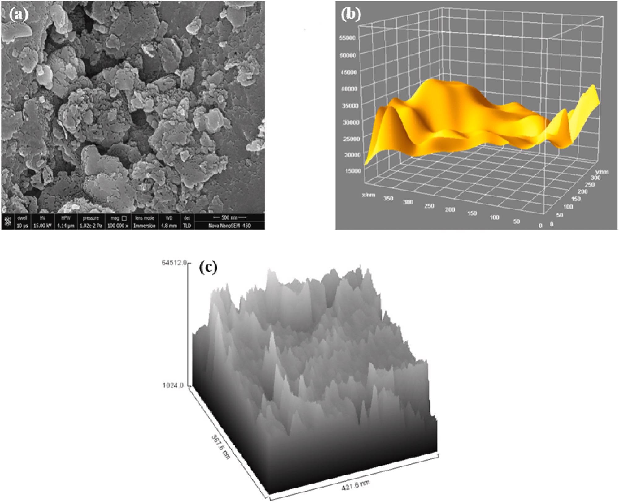 (a) FESEM image of waste plastic derived reduced GNs, (b) 3D surface plot from the FESEM image of reduced GNs from waste plastics, (c) surface plot from the FESEM image of reduced GNs from waste plastics.