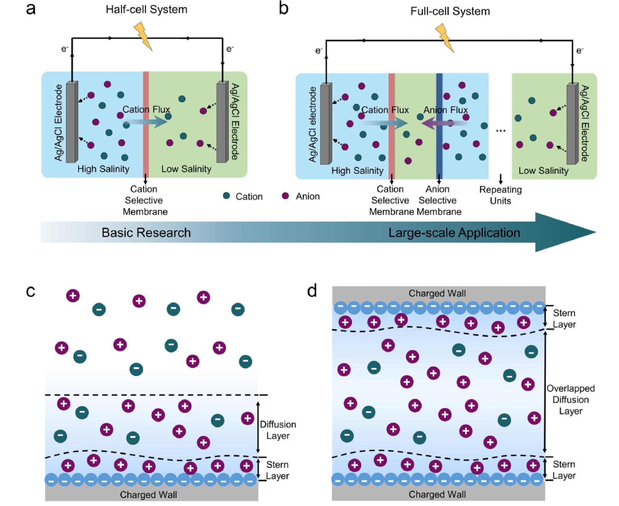 Schematics of the osmotic power generators based on half-cell system (a) and full-cell system (b). (c) Schematic of the structure of electrical double layer (EDL) next to a negatively charged wall. (d) Ion permselectivity in a negative charged nanochannel. When the characteristic dimensions of nanochannels comparable to the Debye length, the co-ions will be repelled but the counter-ions can pass through the channel.