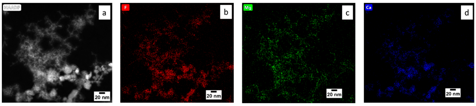 MgF2 and CaF2 nanoparticles synthesized in a sol: (a) HAADF-STEM image and the corresponding EDX maps; (b) Fluorine—red; (c) Magnesium—green; (d) Calcium—blue.