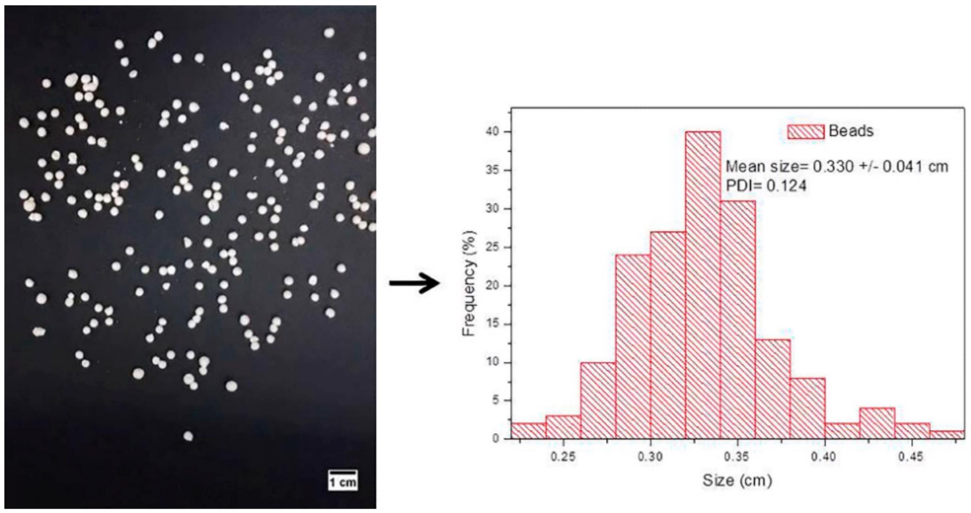 Digital photo (left) of hybrid nanobeads (XAN@CHT/NLC-INDO) and particle size distribution (right), estimated by ImageJ software, (n = 3).