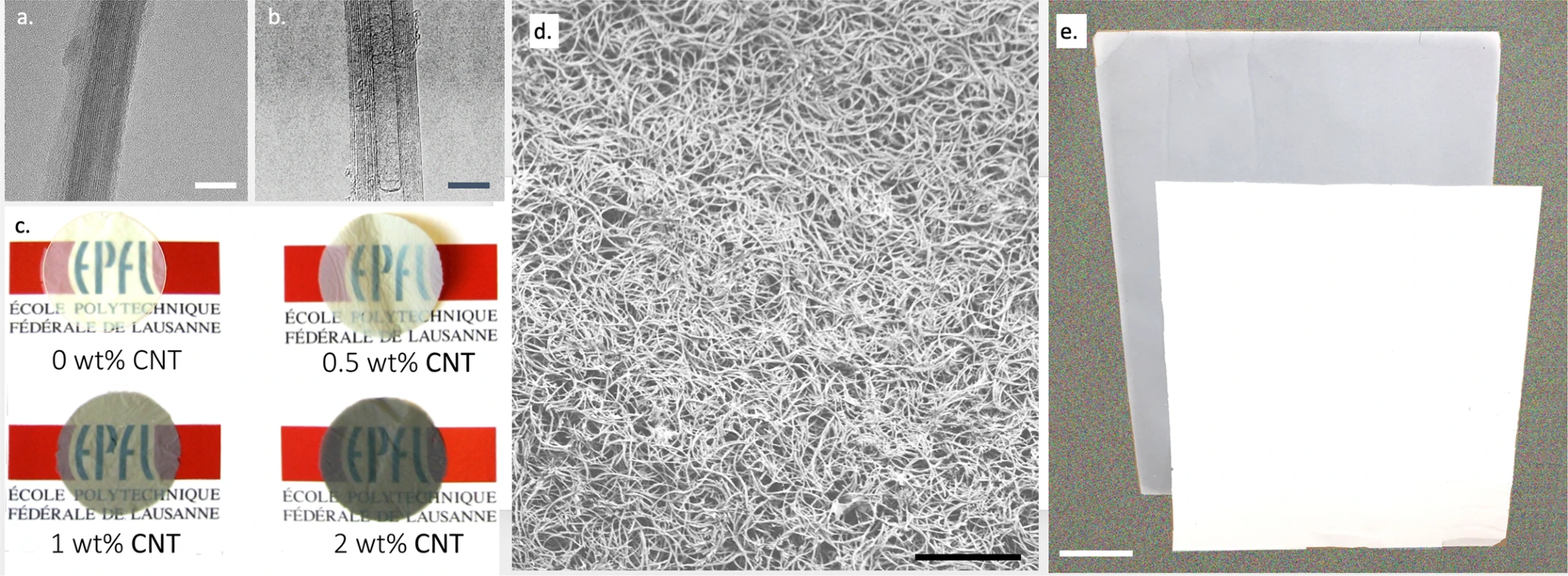 From nanowires and nanotubes to large area filter paper. a, b HR TEM images of the essential individual nano-structural components of the composite filter material, i.e., a single TiO2NW and a single multiwalled CNT, respectively. The length of both nanoelements can reach several micrometers (The scalebars are 10?nm).; (c) Photos of selected samples of TiO2NWs-based filter paper with various wt% contents of CNTs, which alters their transparency (the diameter of the filter paper disc is of 20?mm); d Characteristic SEM image of the filter paper (The scalebar is 5?µm is 5b, (e) Photo of large area filter papers synthesized from pure TiO2NWs (front) and containing 1?wt% content of CNTs (grayish). (The scalebar is 10?cm).