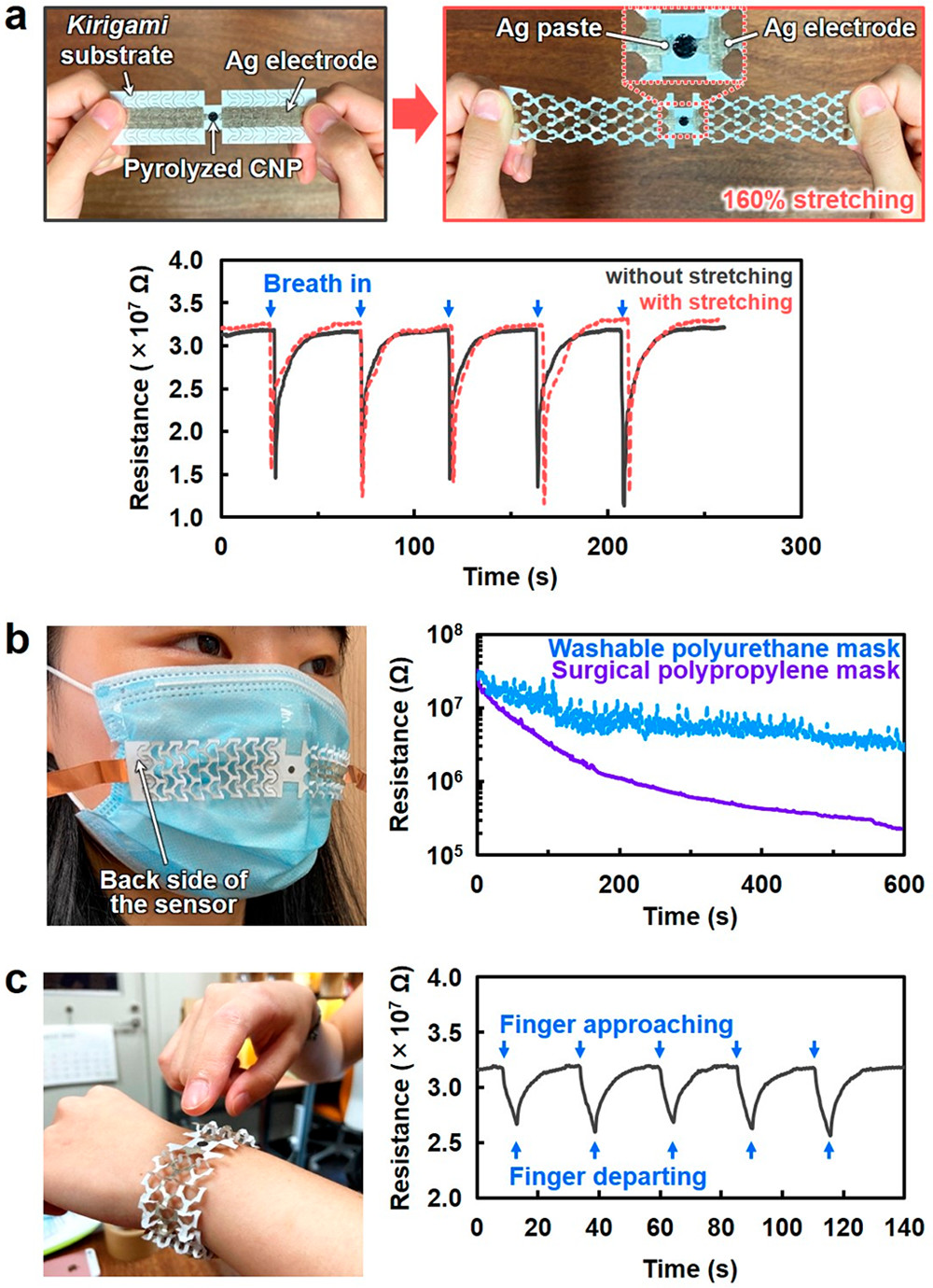 Stretchable and wearable sensor devices based on the pyrolyzed cellulose nanofiber paper (CNP) sensor and kirigami paper substrate. (a) Optical images of the sensor device and water vapor sensing in exhaled human breath before and after stretching, demonstrating the (b) monitoring of human exhalation-derived water vapor leaked from the face masks and (c) detection of skin moisture upon an approaching finger. The finger approaches close to ~5 mm to the pyrolyzed CNP sensor and is held for 5 s, followed by departing away from the sensor.