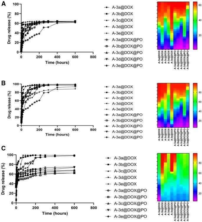 Drug release at pH 4.5 (A), pH 5.5 (B) and pH 7.2 (C). The modification of nanoparticles with PO promotes drug release capacity and they provided sustained release of DOX. The DOX release was steady after 250 h. Highest release occurred at pH 5.5 and lowest release was observed at pH 4.5.