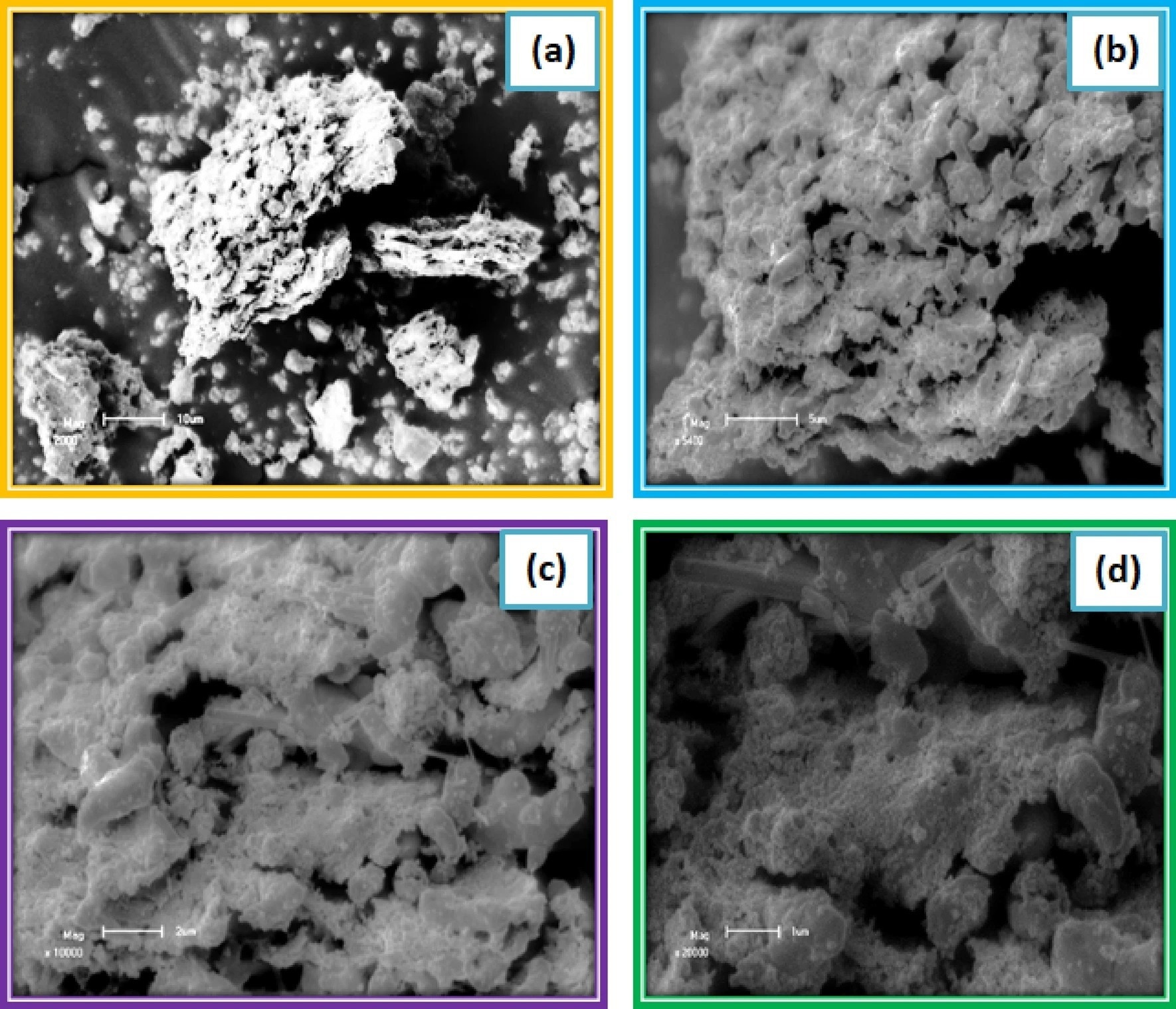 Scanning electron microscopic image of Lead Sulfide thin films from Avocado (Glycosmis cochinchinensis) Leaf extract at different PH values varied as (a) 2, (b) 4, (c) 6 and (d) 8.