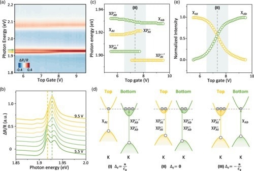 Electric-field-dependent reflectance contrast spectrum of intralayer excitons in 3R-MoS2 bilayer at a fixed electron doping density. (a) Contour plot of the electric-field-dependent reflectance contrast spectrum of 3R-MoS2 bilayer at a fixed electron doping density. The yellow and green arrows denote the intralayer A exciton, XAt and XAb, from the top and bottom layers, respectively. (b) Reflectance contrast spectrum at different top gate voltages in steps of 0.5 V. The bottom gate voltage is