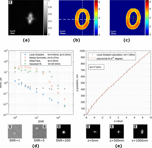 (a) Image of a single fluorescent particle (polystyrene, 0.51 µm) attached to a coverslip. Astigmatism is introduced by a cylindrical lens, and the imaging plane is ˜500 nm above the surface. (b) Magnitude of local gradients. Dashed and dotted lines are showing the top/bottom and left/right split of the local gradient images for z-value estimation, correspondingly. (c) Two axes (green and red lines) are built from the centers of split gradient lines. (d) Comparison of algorithms for localization of a simulated Gaussian-like particle at different noise levels. tm and tp are average execution times in Matlab and Python, correspondingly. Examples of the test images are shown under the plot. (e) z-Value calibration curve in astigmatism-based microscopy. The average error for predicting a z-position of the particle is 7.2 nm. Examples of the test images are shown under the plot. “S” and “E” denote simulated and experimental images.