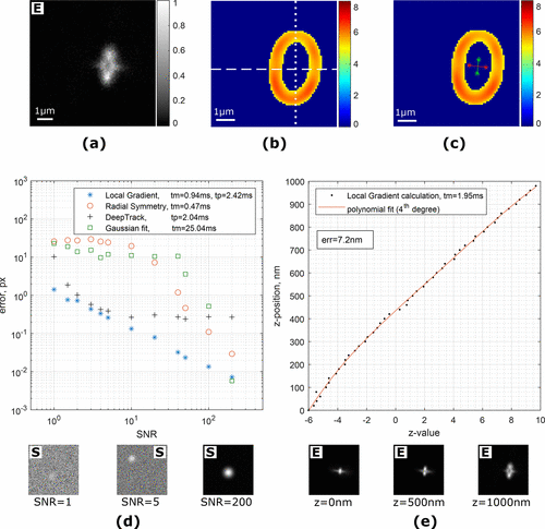 (a) Image of a single fluorescent particle (polystyrene, 0.51 µm) attached to a coverslip. Astigmatism is introduced by a cylindrical lens, and the imaging plane is ˜500 nm above the surface. (b) Magnitude of local gradients. Dashed and dotted lines are showing the top/bottom and left/right split of the local gradient images for z-value estimation, correspondingly. (c) Two axes (green and red lines) are built from the centers of split gradient lines. (d) Comparison of algorithms for localization of a simulated Gaussian-like particle at different noise levels. tm and tp are average execution times in Matlab and Python, correspondingly. Examples of the test images are shown under the plot. (e) z-Value calibration curve in astigmatism-based microscopy. The average error for predicting a z-position of the particle is 7.2 nm. Examples of the test images are shown under the plot. “S” and “E” denote simulated and experimental images.