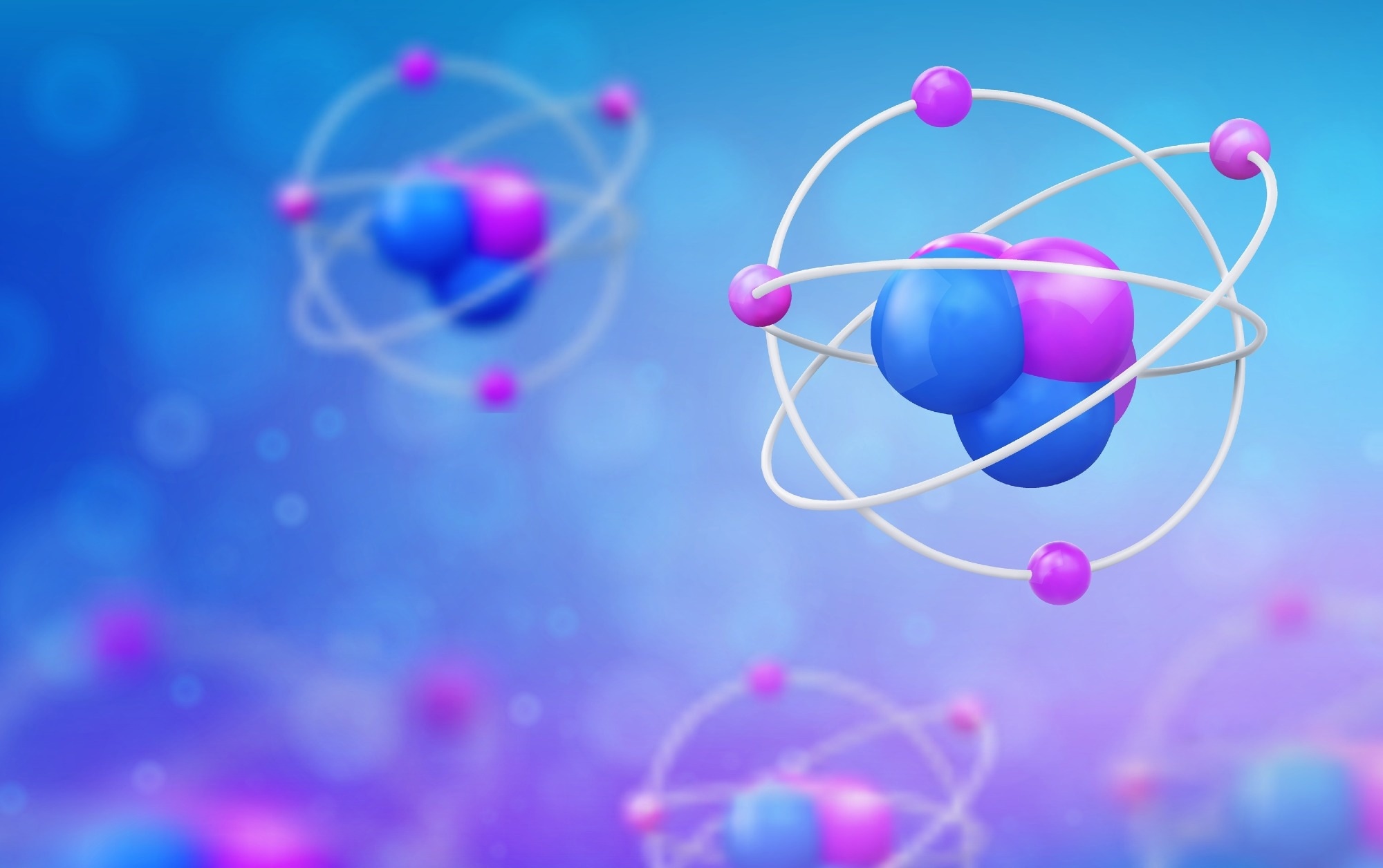 Atom close up. Realistic 3d vector with the effect low depth of field. isolated blue background