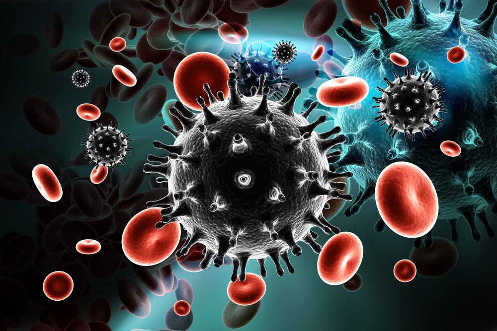 Digital illustration of HIV Virus in Blood Stream in color background