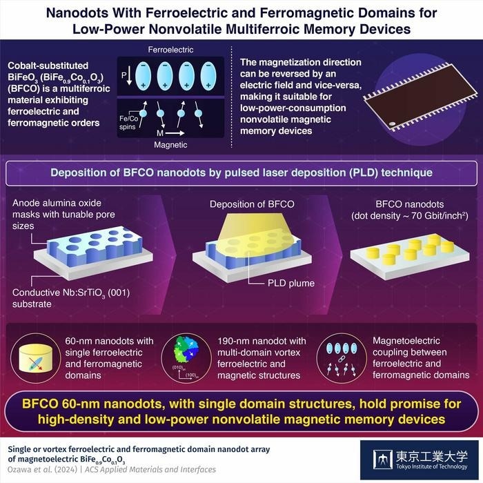 BFCO 60-nm nanodots, with single domain structures, hold promise for high-density and low-power nonvolatile magnetic memory devices. Image Credit: Tokyo Tech