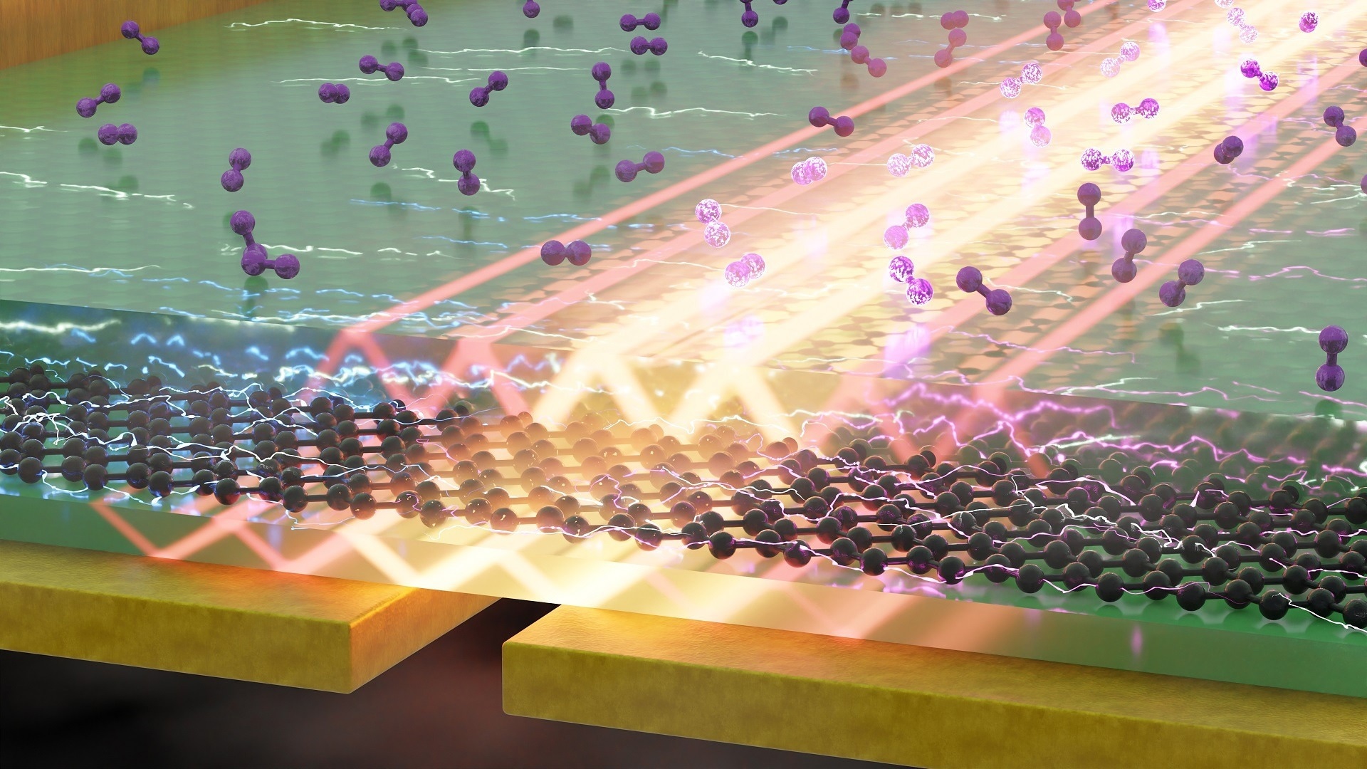 Illustration of an on-chip molecular vibration sensor based on a graphene IR detector, where phonon polaritons (bright rays) enhance the molecular fingerprint signal encoded in the photocurrent.