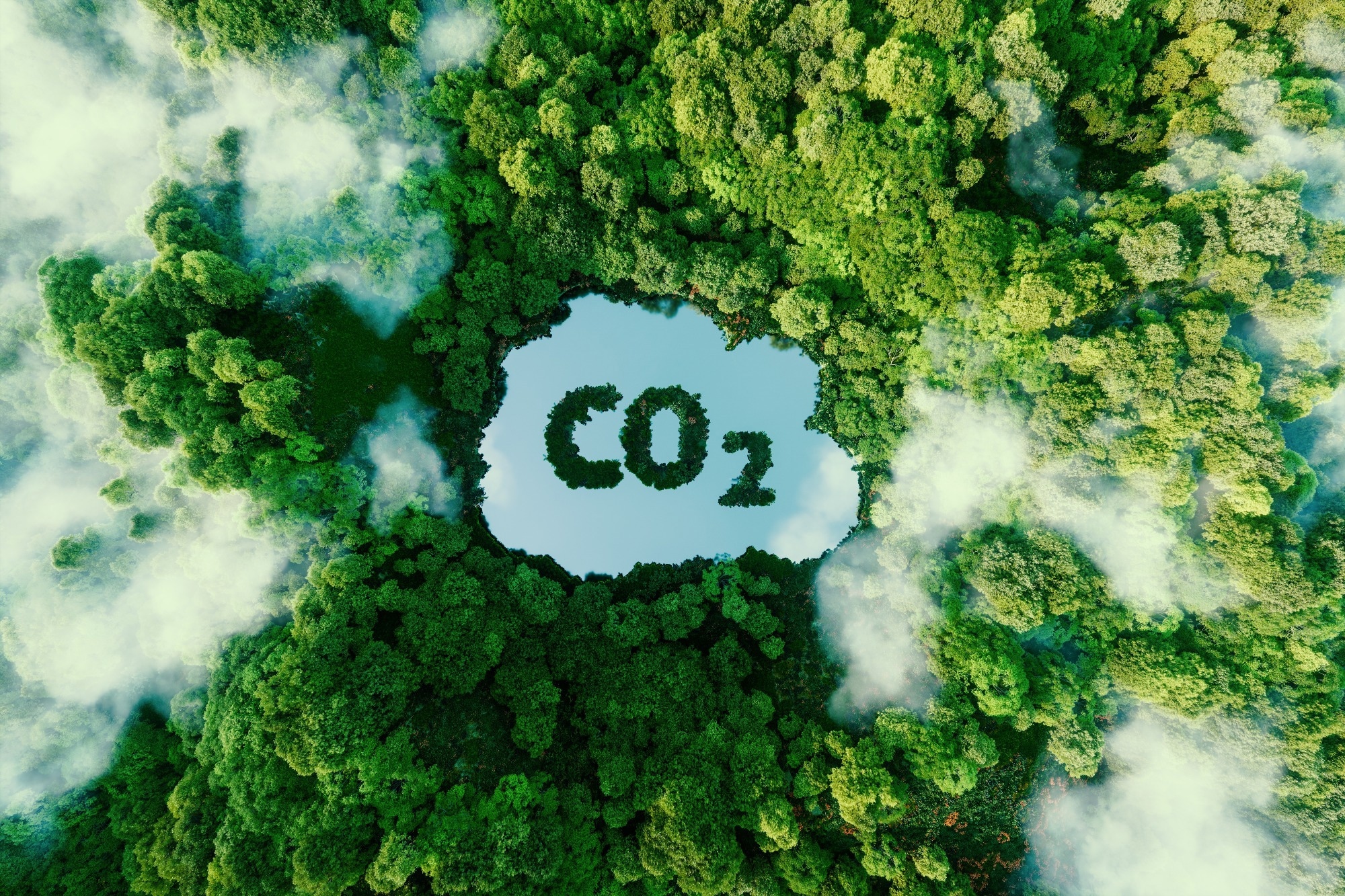 Concept depicting the issue of carbon dioxide emissions and its impact on nature in the form of a pond in the shape of a co2 symbol located in a lush forest. 3