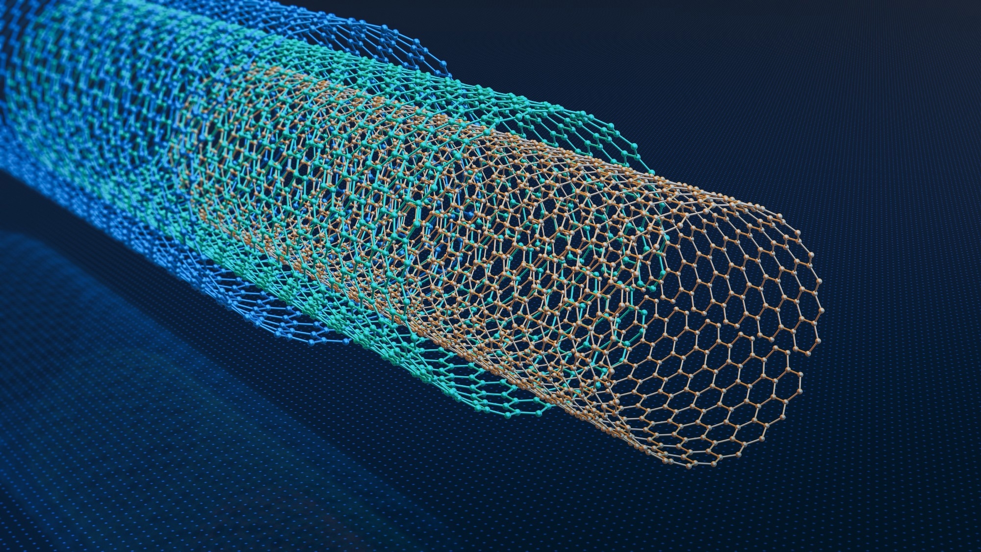 3D-rendered illustration of a nanotube structure with a mesh-like atomic arrangement, showcasing cylindrical layers in blue and gold against a dark background, representing nanotechnology and material encapsulation concepts