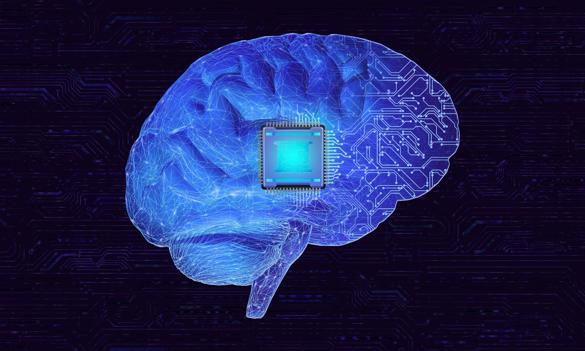 Abstract concept image related to the use of brain-computer interface to connect human brains with external smart devices via implantable brain chips