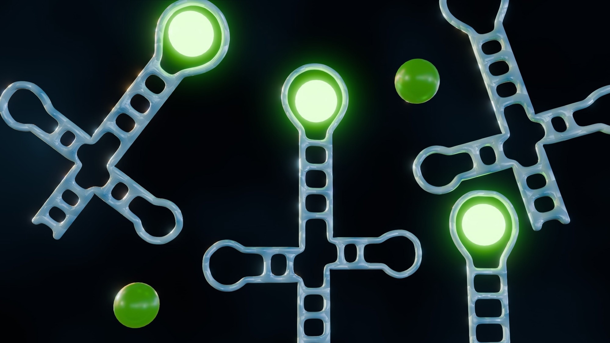 Illustration of aptamer structures with glowing green highlights
