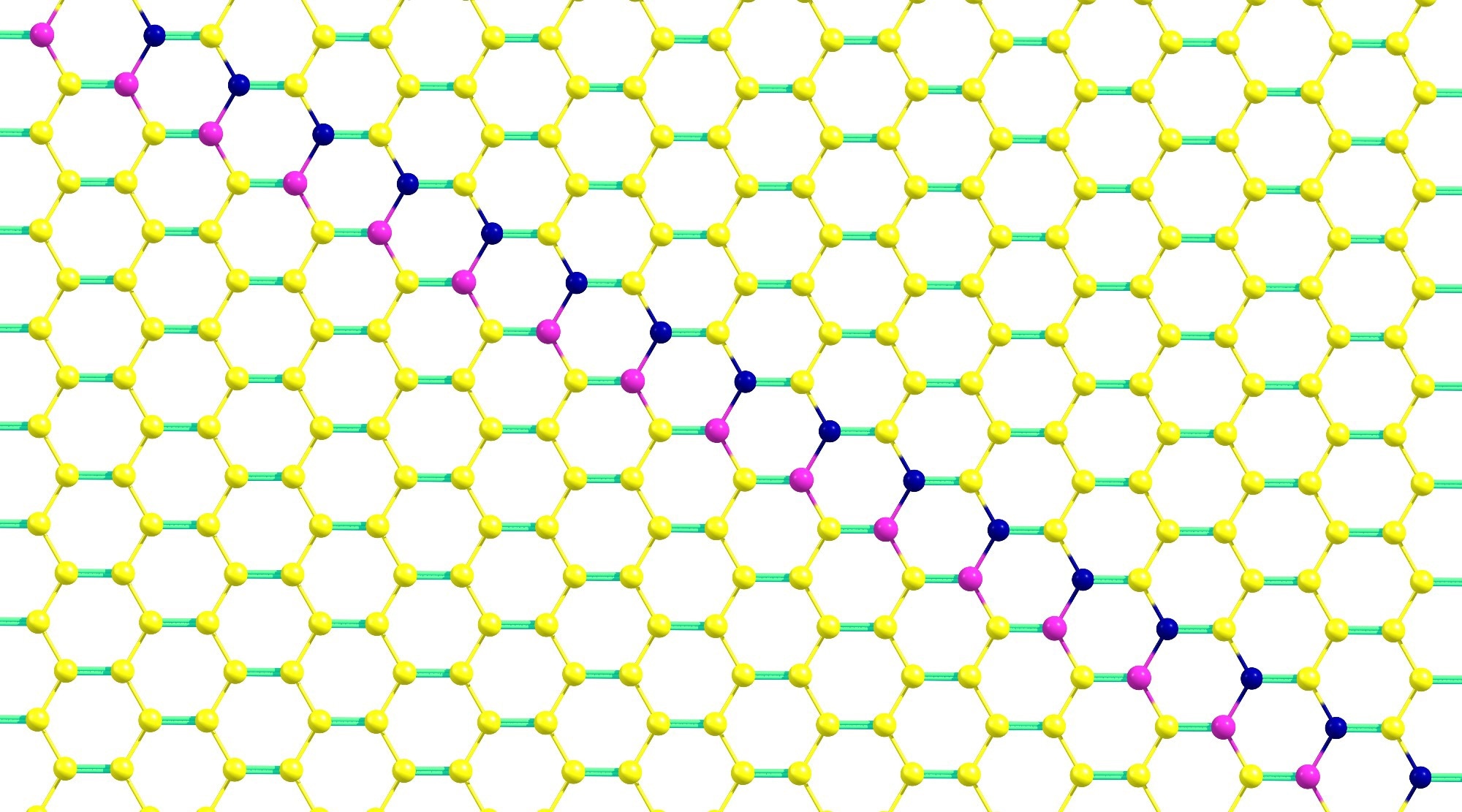A hexagonal boron nitride (h-BN) lattice structure with distinct atomic bonds highlighted in different colors.
