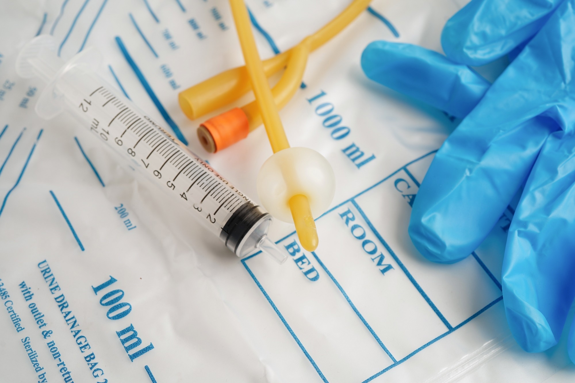 Photo of a foley catheter and urine drainage bag collect urine for disability or patient in hospital.