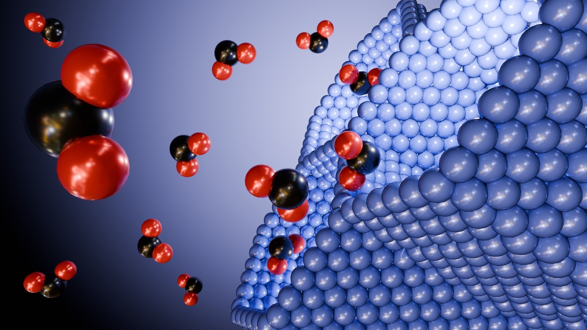 A 3d rendering of structure metal-organic framework of Mg-MOF-74 with CO2 molecules and a cylindrical pore structure that allows for strong binding and large uptake of CO2.