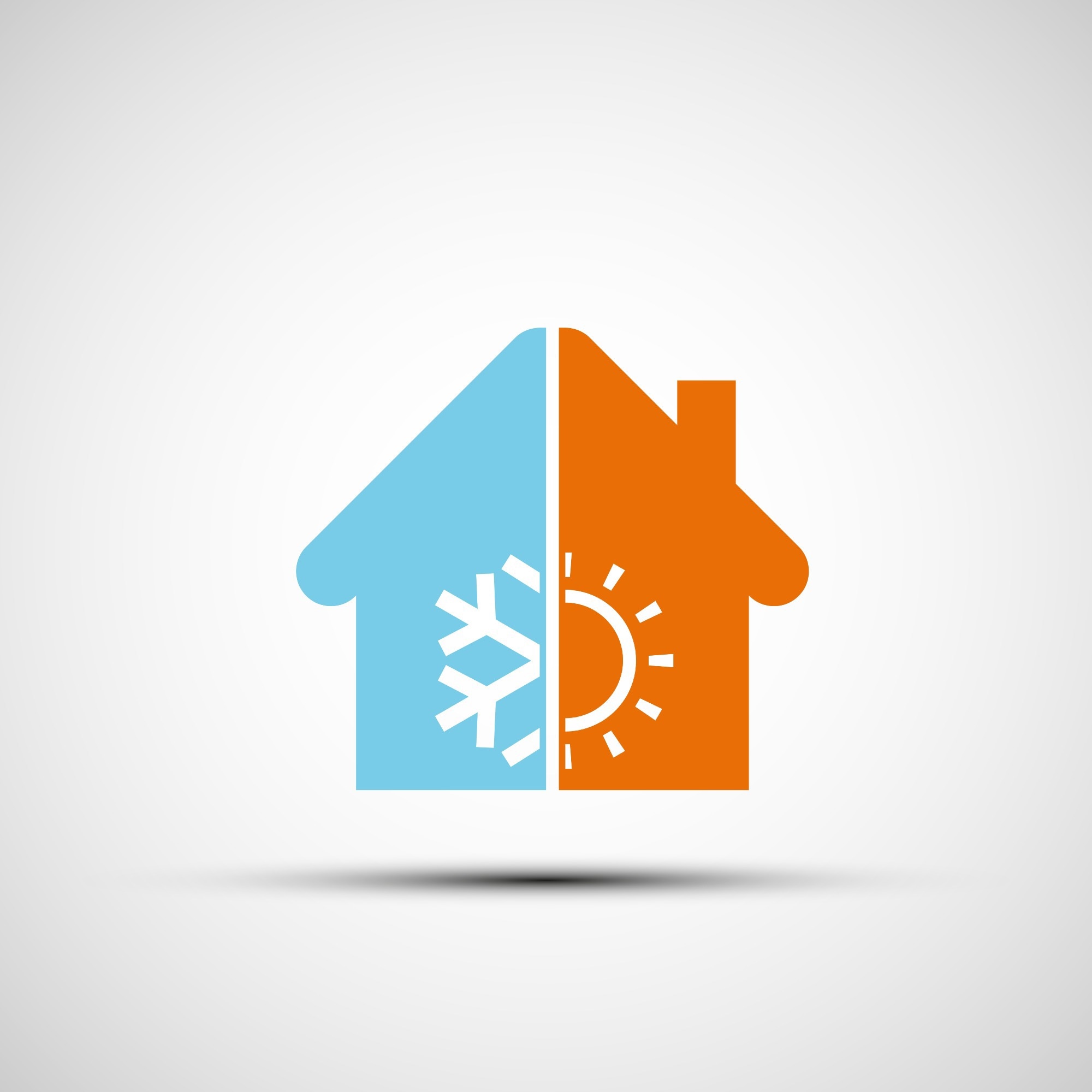 Illustration of a house divided into two halves—one blue with a snowflake symbolizing cooling, and one orange with a sun symbolizing heating—representing dual-mode thermal regulation for buildings