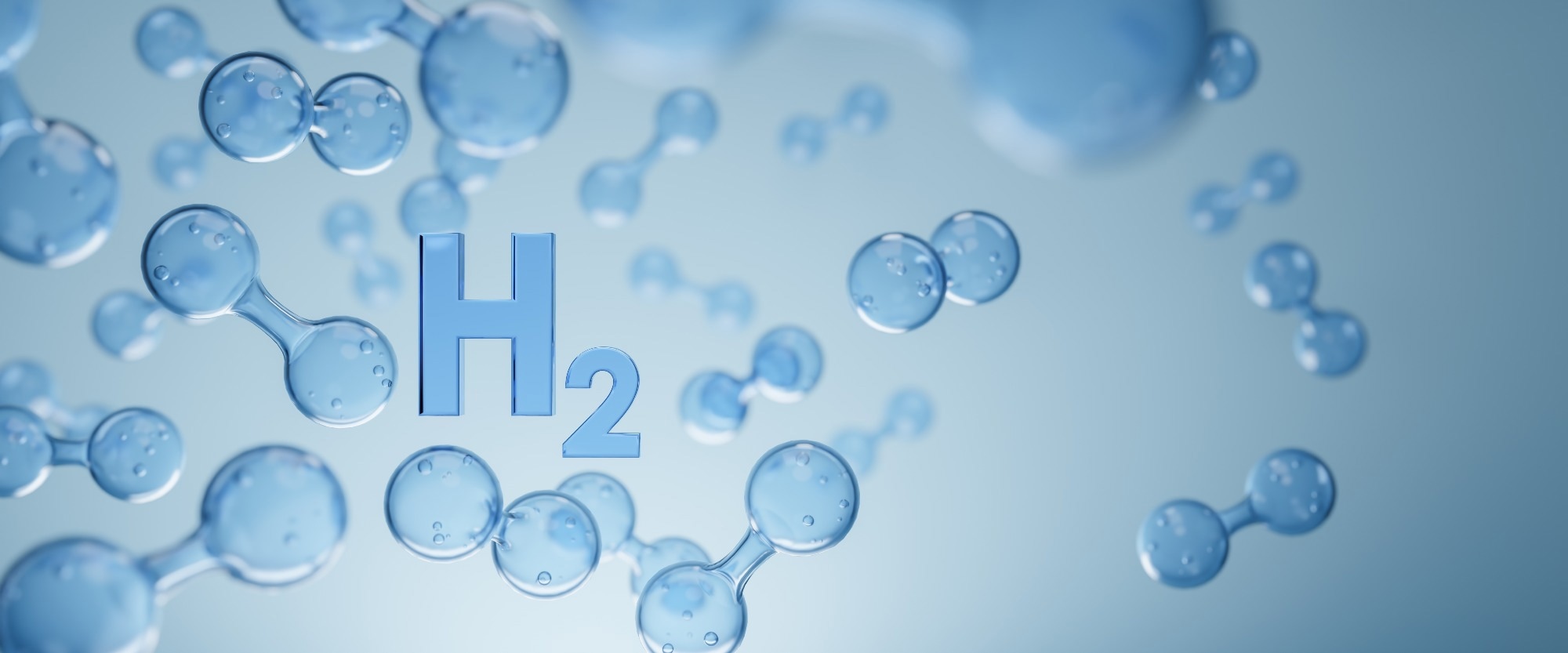 3D-rendered illustration of hydrogen (H2) molecules floating in a blue-toned space, symbolizing clean energy and hydrogen production. The central focus is on a large “H2” text surrounded by semi-transparent molecular structures.