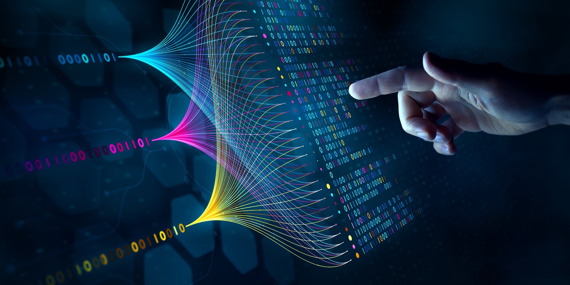 A digital concept image showing a human hand interacting with colorful neural network data streams and binary code, symbolizing artificial intelligence, neural computing, and human–machine interaction in a futuristic interface.