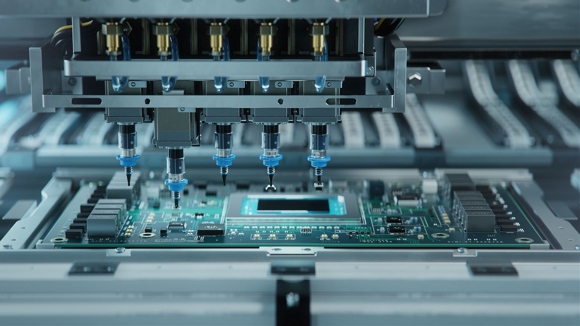 Advanced computer chip being made in a factory close up of machine.