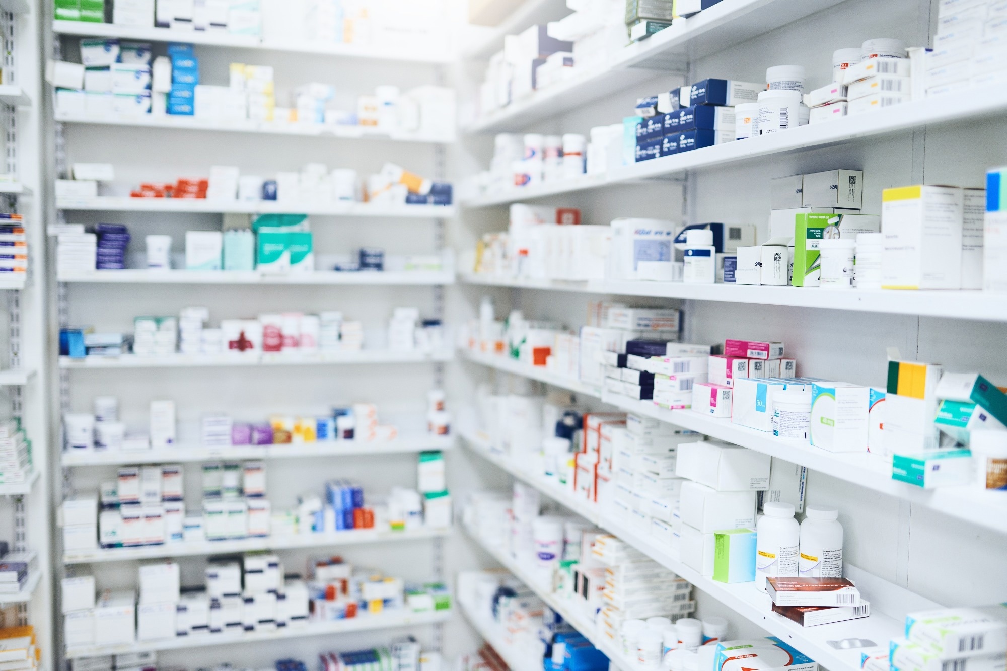 Rows of drugs in a pharmacy.
