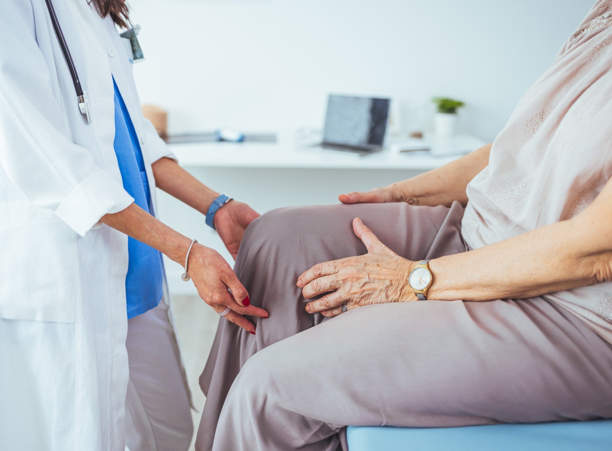 Photo of senior woman having some knee pain. She