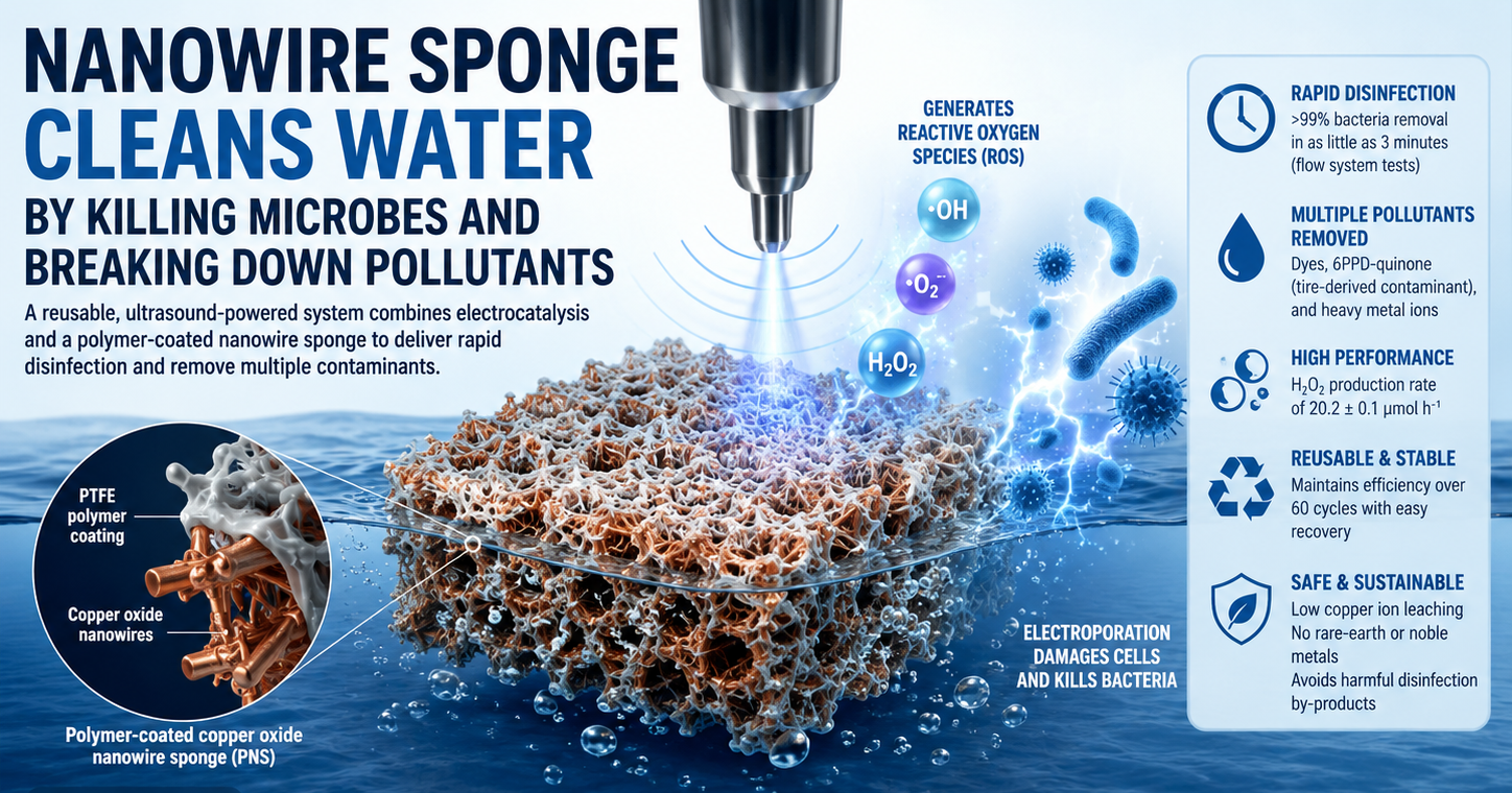 AI-generated illustration based on Lin et al. (2026), Nature Communications, DOI: 10.1038/s41467-026-73425-1. This image does not reproduce or adapt any original figure from the article. Study: A polymer-coated nanowire sponge–based contact electrocatalytic system for simultaneous disinfection and removal of multiple micropollutants