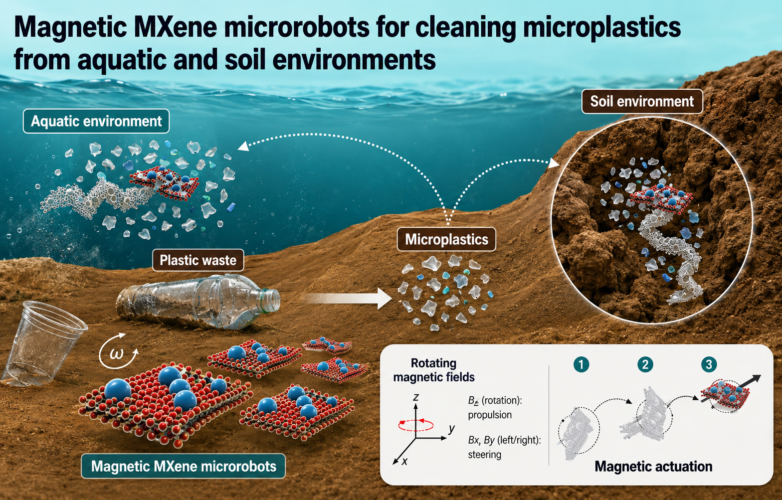 Schematic illustration of magnetic MXene (Ti3C2Tx@Ni) microrobots for microplastic removal from aquatic and soil environments, driven by rotating magnetic fields for propulsion and steering. Paper: Magnetic MXene-based microrobots for soil microplastics removal