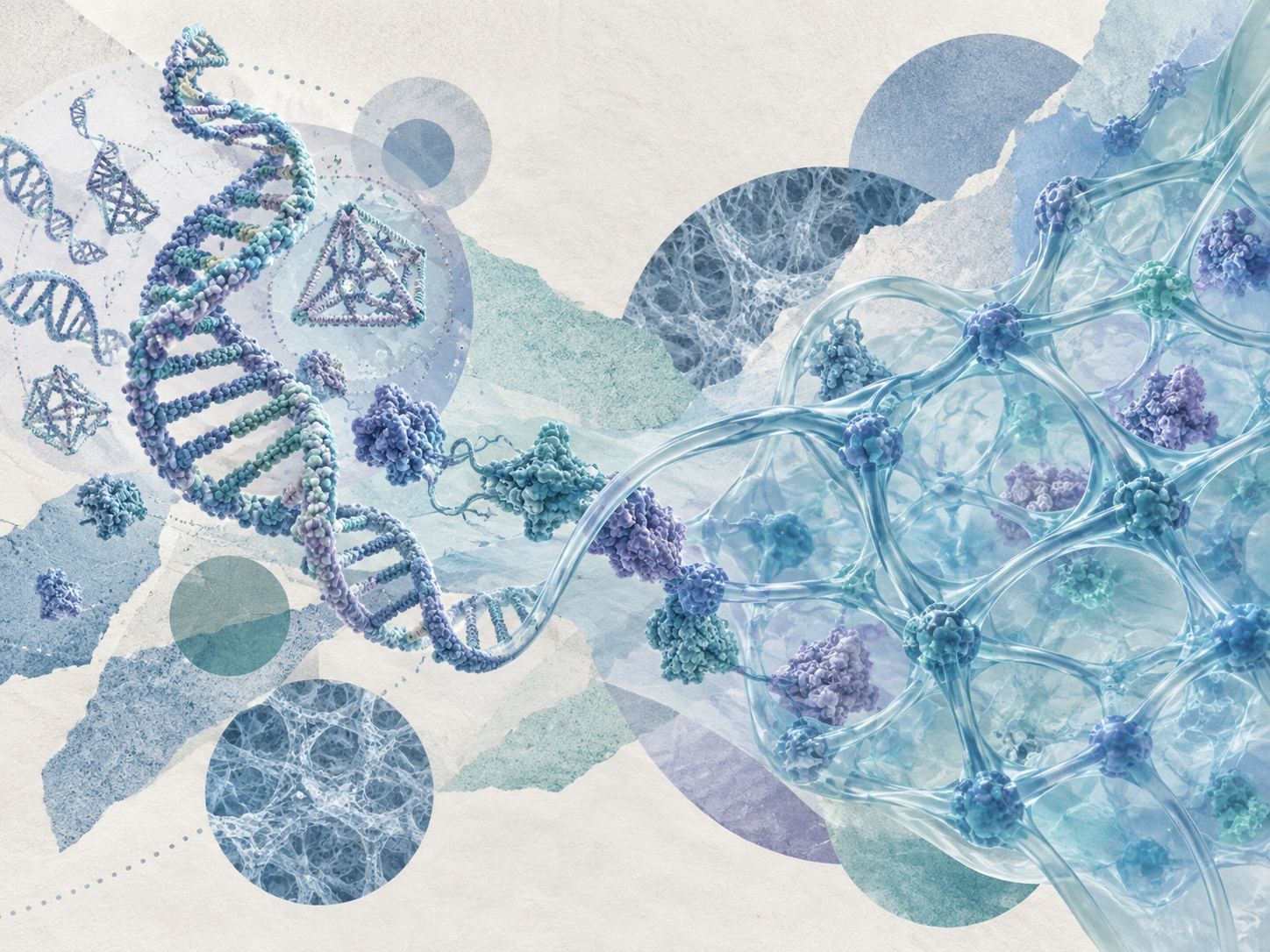 Paper: Programmable DNA–protein hydrogels: from structural DNA nanotechnology to adaptive soft matter. AI-generated abstract conceptual image created using ChatGPT/OpenAI